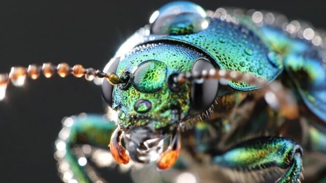 An astounding macro shot reveals the vibrant details of an iridescent insect, possibly a beetle, gleaming with countless clear water droplets across its shimmering exoskeleton. The stunning metallic g