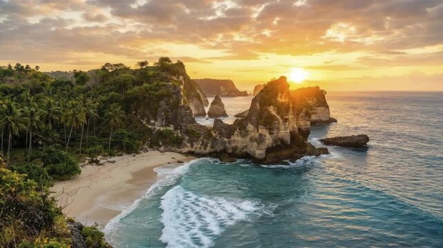 An breathtaking aerial view captures a serene tropical landscape during the golden hour, showcasing the majestic beauty of nature. Dramatic limestone cliffs, adorned with lush green vegetation and swa