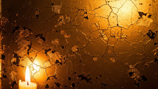 Cracked gold leaf texture illuminated by candle light