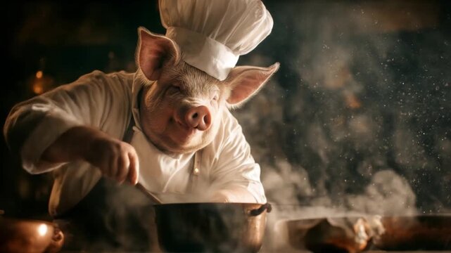 A pig chef in a white toque stirs a steaming pot while fragrant steam swirls in a warm kitchen. yum