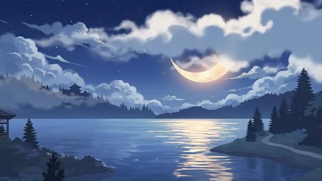 An enchanting animated night scene depicts a brilliant crescent moon casting a radiant glow over a tranquil body of water, its light reflecting mesmerizingly on the calm surface. The dark blue sky twi