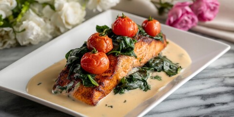 smoked brinny cream sauce with blackened salmon fillet, garnished with cherry tomatoes and spinach on top of the fish. on an elegant white rectangular plate placed against a grey marble countertop.