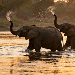 Obraz premium Photograph elephants wading through a river trunks raised with r