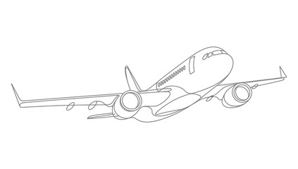 Minimalist continuous line art illustration of a commercial airplane in flight, simple black outline drawing for travel, aviation, and transportation.