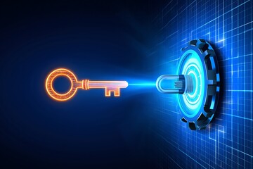 A glowing key entering a digital lock with a futuristic circuit background
