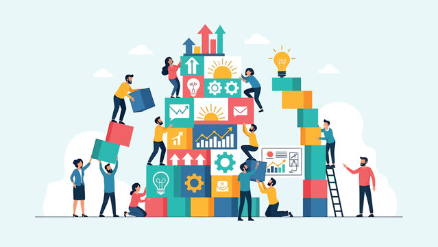 Team Building Blocks with Business Icons in Flat Design Style with Bright Colors on White Background for Corporate Presentation