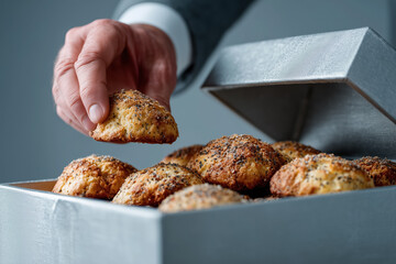 Man opening gift box of freshly baked savory scones with seeds and cheese