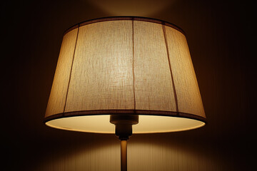 Warmly lit fabric lampshade on wooden stand in dimly lit room