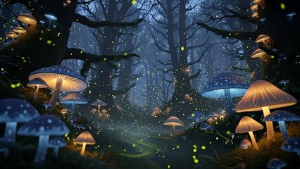 Glowing mushrooms in dark forest scene.