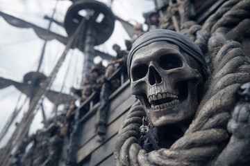 Pirate ship with skull decoration on ship's mast amidst stormy sea
