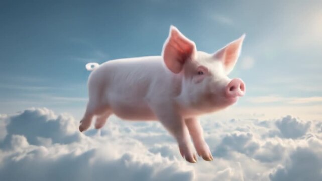 A plump pink pig drifts through the blue sky above fluffy clouds, whimsical and weightless, radiant