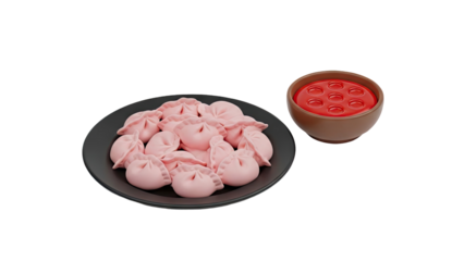 3D Pink dumplings on a plate with dipping sauce on transparent background