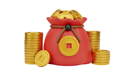 3D Red money bag overflowing with gold coins on transparent background