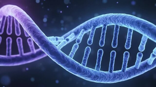 An intricate 3D rendered animation showcases the iconic double helix structure of DNA, shimmering with vibrant purple and blue tones against a dark, bokeh-filled background. The visual represents a mi