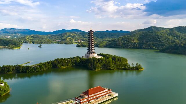 The Chinese style pagoda in the lake