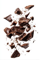 Fototapeta premium Dark Chocolate Pieces Exploding in a Dynamic Mid Air Composition on White Background