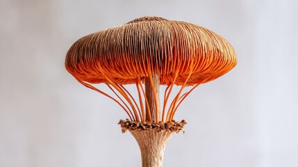 Detailed Close Up of Abstract Mushroom Sculpture with Wooden Texture in Warm Lighting on Neutral Background