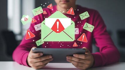 Digital transformation concept with person using tablet featuring holographic email alerts and urgent warning signs for data privacy and online inbox organization.