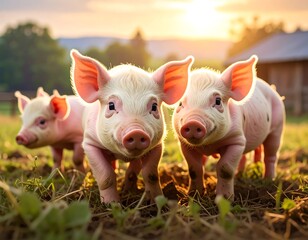 Three piglets standing in a sun-drenched field