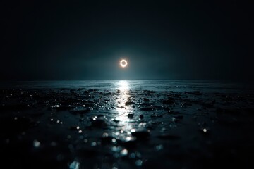 Eerie Eclipse Over Dark Ocean with Reflected Sunlight Glittering on Shoreline at Night