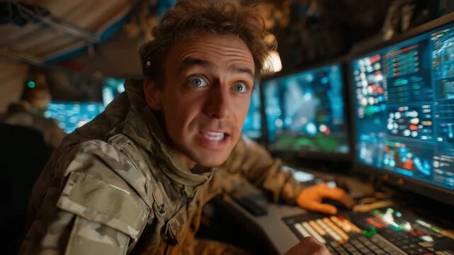 An army dispatcher wearing camouflage gasps in shock as he points to a screen that shows hostile activity.