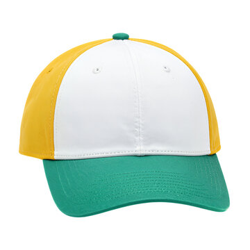 White and yellow baseball cap with green visor
