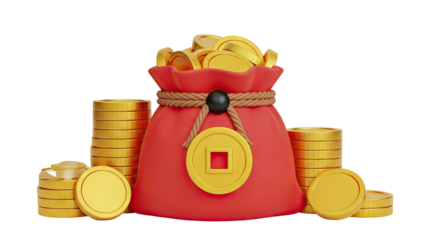 3D Red money bag overflowing with gold coins and stacks on transparent background