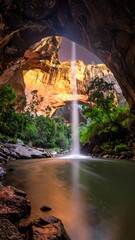 A majestic waterfall cascades into a serene pool inside a natural cave