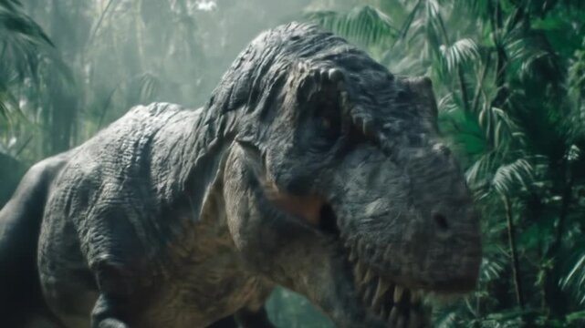 A towering tyrannosaurus rex roars through a misty jungle massive teeth bared beneath sunlit leaves!