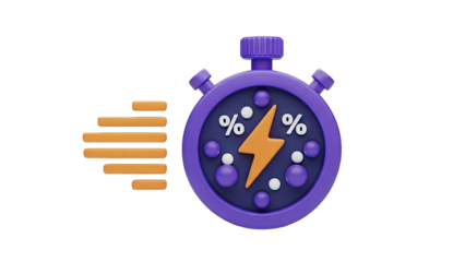 3D stopwatch with lightning bolt and percentage symbols on transparent background