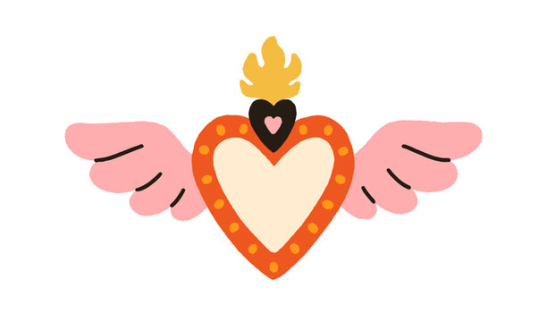 Mexican heart, love and passion symbol. Burning corazon with wings, fire flame crown, ornamental frame. Mexico Valentine decoration in folk style. Flat vector illustration isolated on white background