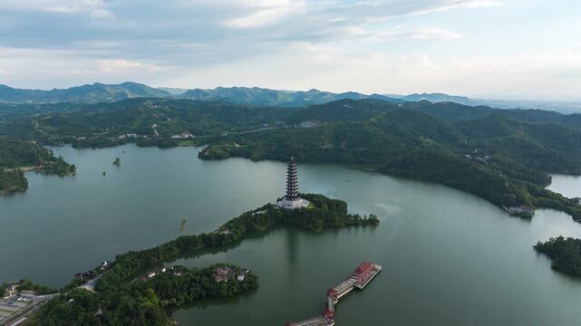 The Chinese style pagoda in the lake