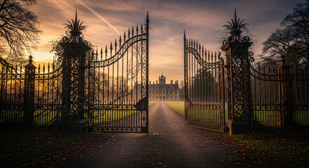 Ornate wrought iron gates open to grand estate at sunset © DesignArt
