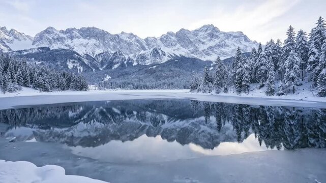 This breathtaking wide shot captures a serene winter landscape, showcasing majestic, snow-capped mountains reflected perfectly in the partially frozen, calm water of a tranquil lake. Lush evergreen fo