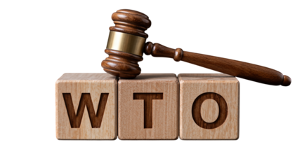 Wooden gavel resting on WTO letter blocks