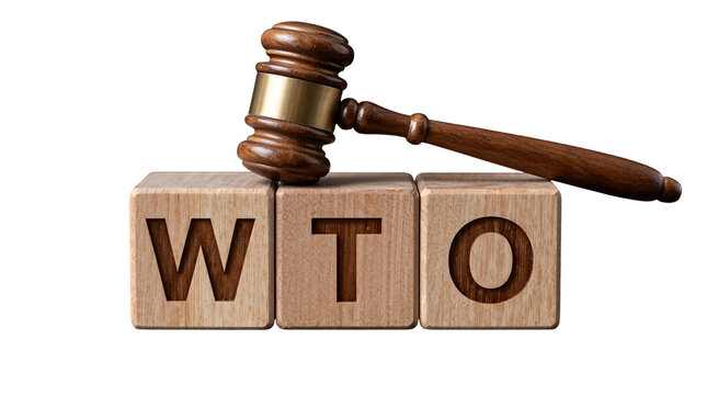 Wooden gavel resting on WTO letter blocks