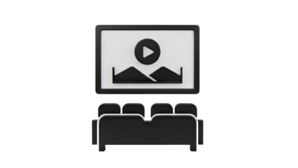 3D Cinema icon with movie screen and seats on transparent background