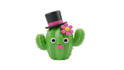 3D Cute cartoon cactus character with a top hat and flower on transparent background