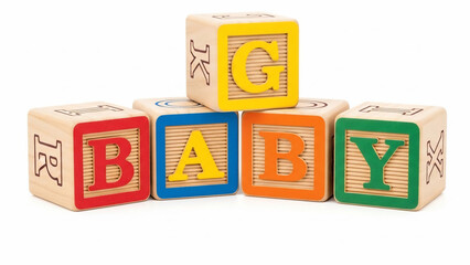 Vibrant wooden alphabet blocks spelling 'BABY' arranged playfully, symbolizing early childhood education, development, and fun learning experiences for young children