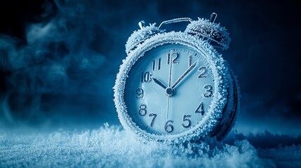 Frozen alarm clock surrounded by frost.