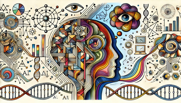 Abstract illustration of colorful human profile with DNA and - Powered by Adobe