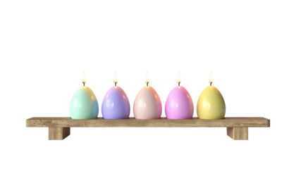 Lit egg-shaped candles on wooden holder.