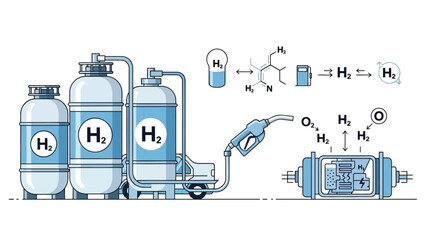 Hydrogen fuel cell energy and clean transport technology vector