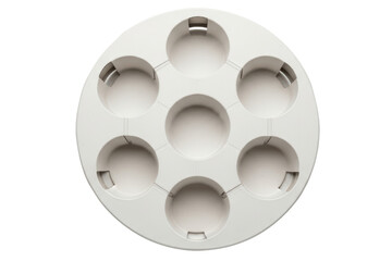 White circular plastic hydroponic bucket lid with seven holes on a transparent background