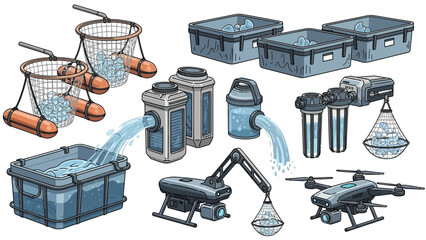 Water Purification and Ocean Cleanup Technology Vector Set
