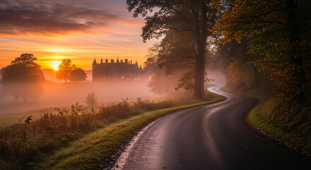 Winding road leading to misty castle at sunrise manor