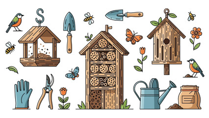 Garden Wildlife Set with Insect Hotel Birdhouse and Tools Vector