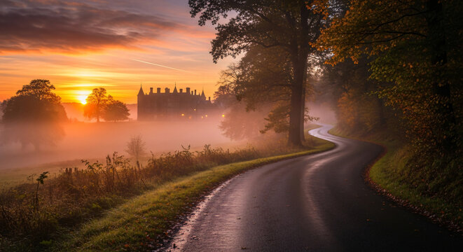 Winding road leading to misty castle at sunrise manor - Powered by Adobe