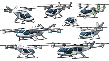Futuristic eVTOL aircraft set urban air mobility drones vector