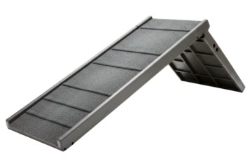 Folding grey plastic pet ramp with textured safety surface on a transparent background